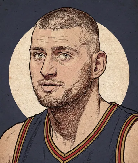 Illustration adapted from photos by Erik Drost (CC BY 2.0) Illustrated portrait of Nikola Jokić